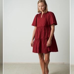 - Sea Red Tiered Puff Sleeve Mini Dress